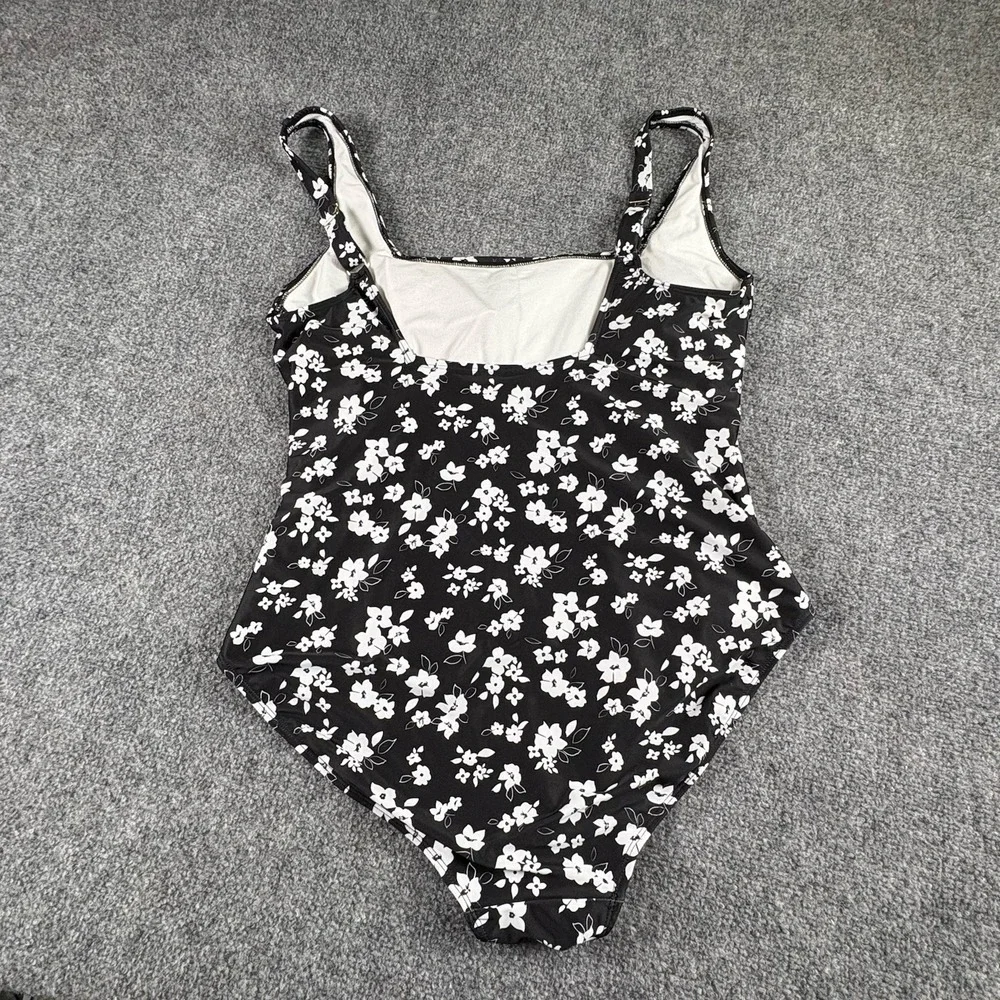 Anne Cole One Piece Swimsuit Women's 14 Black White Floral Ruched Tummy Control